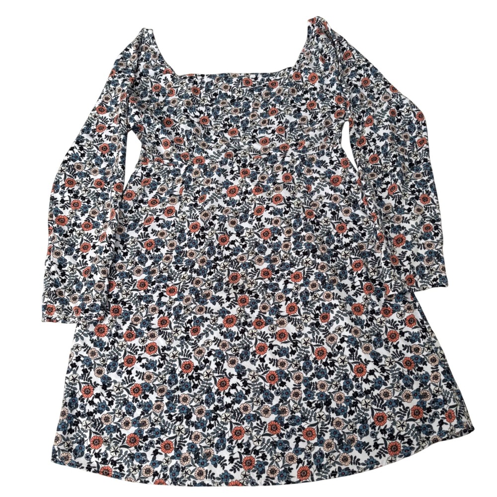 ONeill Floral Long Sleeve Mini Dress Blue Orange Smocked Back Square Neck L